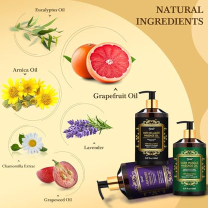 3 Pack Massage Oil for Massage Therapy, Lavender Oil for Relaxation, Sore Muscle Arnica Oil & Cellulite Massage Oil, with Massage Roller Ball & Thumb Saver Tool, Massage Kit for Him Her