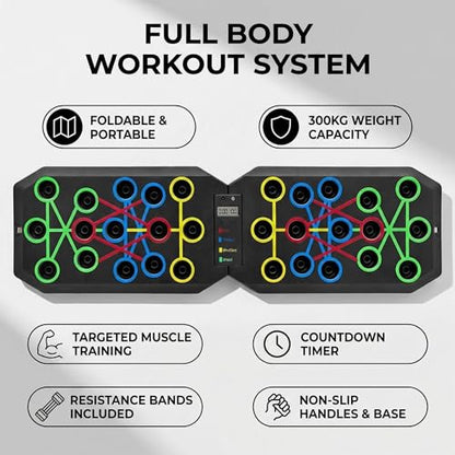 Push Up Board Fitness, BESUNTEK Foldable Multi-Function Exercise Board with Elastic Cord for Total Body Workouts, Portable Push Up Board for Floor