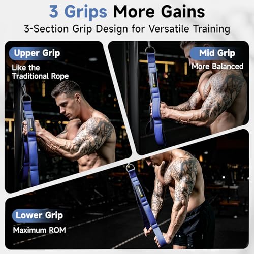 MANUEKLEAR 3 Grip Lengths in 1 Tricep Rope Cable Attachment with Ergonomic Handles, Greater ROM for Tricep Push Down Attachment Professional Gym Rope for Overhead Extension - color: Blue