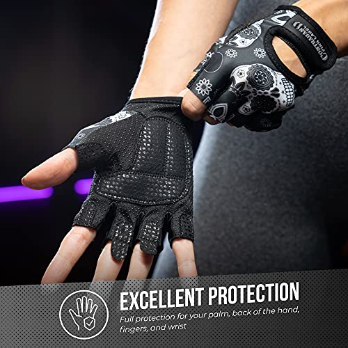Contraband Pink Label 5237 Womens Designer Workout Gloves | Sugar Skull Print w/Grip-Lock™ Padding (Gray, Large) - color: Gray, size: Large
