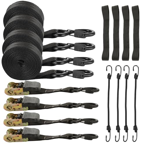 4pc 1in Ratchet Straps - Heavy Duty 20ft Tie Downs with Hooks, Black Ratcheting Straps for Motorcycle & Trucks - 2645 LBS Strength - color: Black