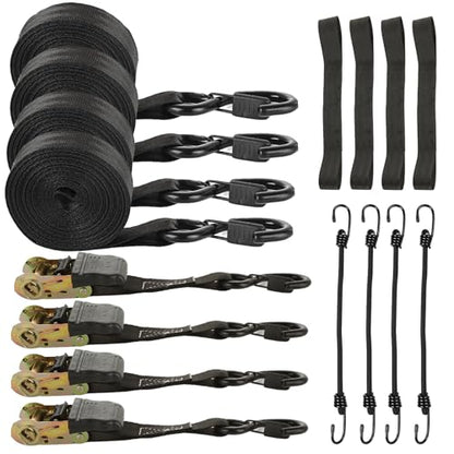 4pc 1in Ratchet Straps - Heavy Duty 20ft Tie Downs with Hooks, Black Ratcheting Straps for Motorcycle & Trucks - 2645 LBS Strength - color: Black