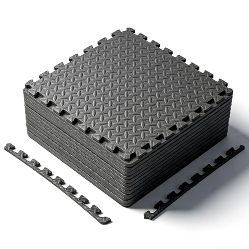 Puzzle Exercise Mat ½ in, EVA Interlocking Foam Floor Tiles for Home Gym, Mat for Home Workout Equipment, Floor Padding for Crawling, Black, 20 in x 20 in x ½ in, 64 Sq Ft - 24 Tiles (24, Black)