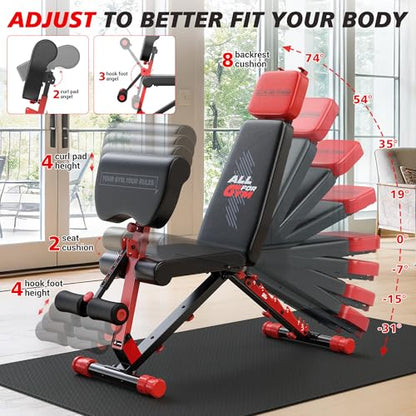 XDDIAS Workout Bench, Foldable Weight Bench with Variable Resistance Training Set, 880LBS Adjustable Bench with Leg Extension, Preacher Curl, Extended Headrest, Incline Decline Flat Bench for Strength Training