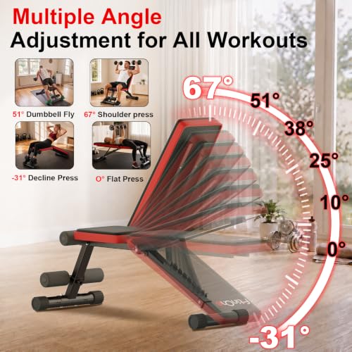 FitinOne Adjustable Folding Weight Bench for Home Gym, 660 lbs Capacity Multi-Functional Workout Bench Sturdy Durable for Full Body - color: Black-Red