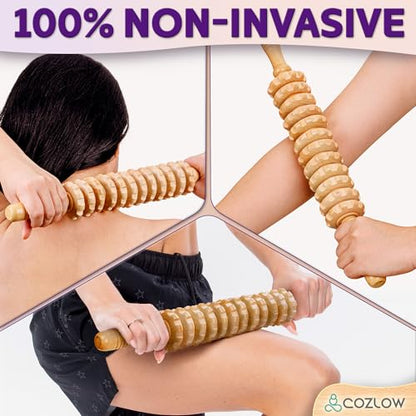 Wooden Massage Roller Stick (12 Rollers) - Curved Wood Therapy Massage Tool for Body Sculpting, Fascia Release & Lymphatic Drainage - Maderotherapy Helps Reduce Cellulite Appearance
