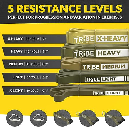 Tribe Lifting Resistance Bands for Working Out Men and Women - Set of 5 Pull Up Bands for Strength Training, Exercise Bands with Handles, Door Anchor and Bar Options for Home Gym