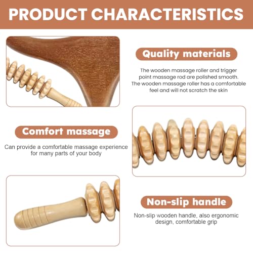 Wooden Massage Roller Stick with Triangle Massager, 12 Rollers Curved Wood Therapy-Massage Tool for Cellulite Reduction and Muscle Tension, 16.9inch