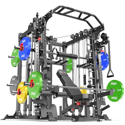Smith Machine，Multi-Function Squat Rack Power Cage with Cable Crossover System,with Optional Weight Bench, Olympic Barbell Weight Set, for Home Gym