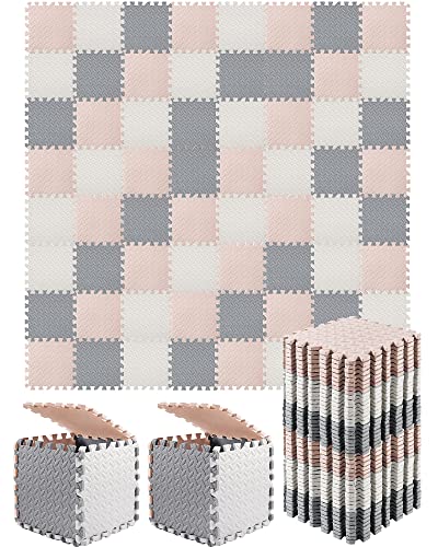 Shihanee Foam Floor Tiles Foam Floor Mats Play Mats Bulk with Borders Interlocking for Gym Nursery Bedroom(64ft,White, Beige, Gray) - color: White, Beige, Gray