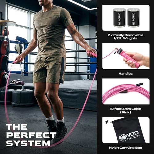 Weighted Jump Rope for Men & Women, 1LB Adjustable Heavy Speed Rope with Removable Handle Weights, Dual Cables for Cross Training, Boxing, Cardio & Home Workouts Durable Adult Fitness Jump Rope - Pink