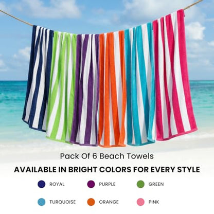 Beach Towels 6 Pack Large 30x60-100% Cotton Beach & Pool Towels Bulk Cabana Stripe - Quick Dry Bath Towel Set for Swim, Beach Essentials, Bathroom, Hot Tub, Yoga, Hotel & Airbnb Guests - color: Green, Purple, Turquoise, Orange, Royal Blue, Pink