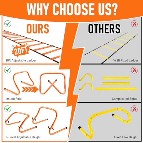 Agility Ladder,Soccer Training Equipment Set,20ft Speed Ladder,4 Agility Hurdles,Football Basketball Training Equipment,Football Accessories for Kids Youth Adults | Footwork, Speed & Agility Training