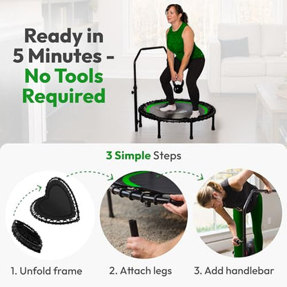 JUMPZYLLA Mini Rebounder Trampoline for Adults, Fitness Trampoline with Bar - color: Green