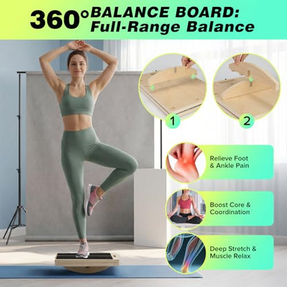 3-in-1 Slant Board & 180°/360° Balance Board, Portable 6 Angle Adjustable Calf Stretcher with Training Poster, Anti-Slip 300LBS Wobble Board for Physical Therapy, Standing Desk & Core Strength