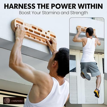 ESTROSO Wooden Hangboard - Training Hang Board with Adjustable Grip Depths, Grip Strengthener, Forearm Exerciser, Pull Ups - Climbing Fingerboard with Installation Kit