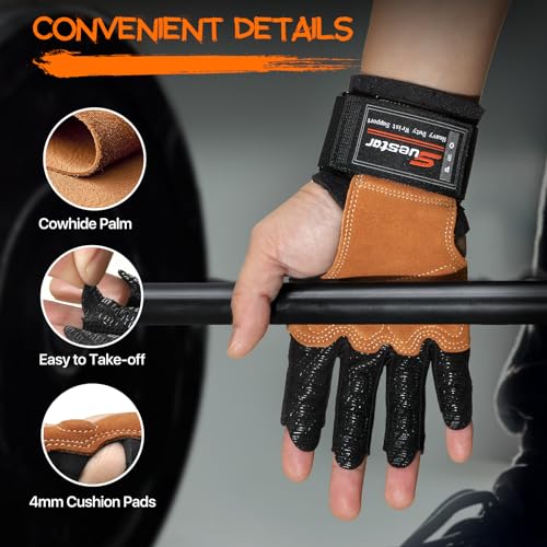 Workout Gloves, Heavy Duty Cowhide Padded Weight Lifting Gloves with Wrist Support, Full Palm Protection & Silicone Grips Gym for Weightlifting, Deadlifts, Exercise