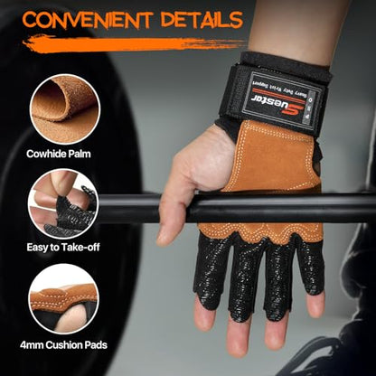 Workout Gloves, Heavy Duty Cowhide Padded Weight Lifting Gloves with Wrist Support, Full Palm Protection & Silicone Grips Gym for Weightlifting, Deadlifts, Exercise