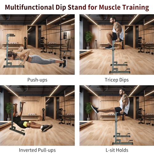 Multifunctional Dip Stand for Muscle Training - Adjustable Height Pull-Up Bar, Tricep Dips, Push-Ups, L-Sit Holds - Sturdy Construction with EVA Foam Grips, Anti-Skid Foot Pads - Exercise Equipment