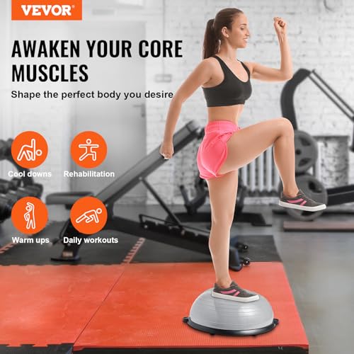 VEVOR Half Exercise Ball Trainer, 23/26 inch Balance Ball Trainer, 1500lbs Capacity Stability Ball, Yoga Ball with Resistance Bands & Foot Pump, Strength Fitness Ball for Home Gym Full Body Workout - color: 23" Ripple Gray