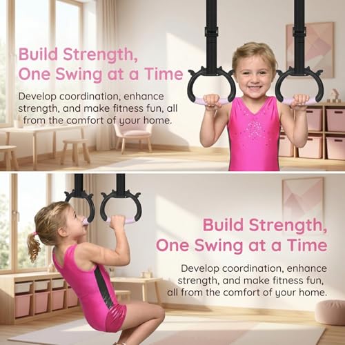 Gymnastics Rings, Children's Home Gym Equipment, Children's Adjustable Strap Strength Training Rings, Pulling Rings for Physical Training - color: pink