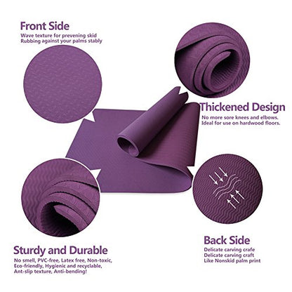 Attraction Design Yoga Mat Non Slip Exercise Mat Extra Thick Workout Mat for Yoga, Eco Friendly Exercise Yoga Mat High Density Fitness Pilates Mat with Carrying Strap, 72"x 24"x 6mm - color: Purple