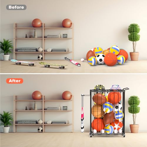 Multi-Functional Sports Storage Rack with Elastic Rope, Movable Racket Holders & Hooks - Heavy-Duty Organizer for Balls, Tennis/Badminton Rackets, Skateboard - Ideal for Garage, Home Gym & Playroom