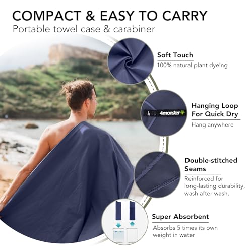 4Monster Quick Dry Travel Towel with Case & Carabiner – Super Absorbent Microfiber Gym & Camping Towel. Compact, Lightweight, Fast Drying for Beach, Swimming, Hiking, Backpacking