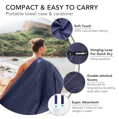 4Monster Quick Dry Travel Towel with Case & Carabiner – Super Absorbent Microfiber Gym & Camping Towel. Compact, Lightweight, Fast Drying for Beach, Swimming, Hiking, Backpacking