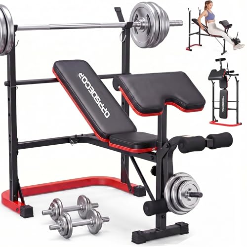 OPPSDECOR Adjustable Weight Bench with Leg Extension, Leg Curl & Preacher Curl, Foldable Workout Bench Set with Rack for Home Gym Full Body Strength Training