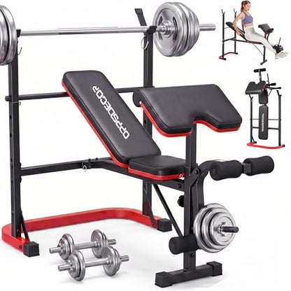 OPPSDECOR Adjustable Weight Bench with Leg Extension, Leg Curl & Preacher Curl, Foldable Workout Bench Set with Rack for Home Gym Full Body Strength Training