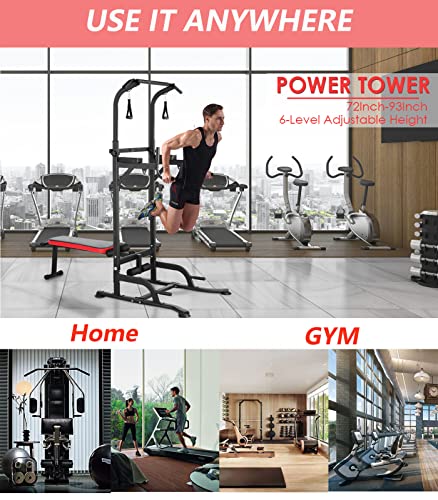 Power Tower with Bench, Pull Up Bar Dip Station, Power Tower Dip Station, Training Workout Equipment, Height Adjustable Pull Up Tower w/Folding Bench 4 Ropes, Strength Training, Home Gym