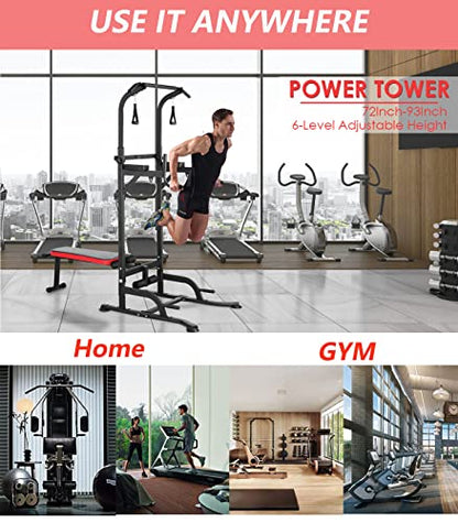 Power Tower with Bench, Pull Up Bar Dip Station, Power Tower Dip Station, Training Workout Equipment, Height Adjustable Pull Up Tower w/Folding Bench 4 Ropes, Strength Training, Home Gym