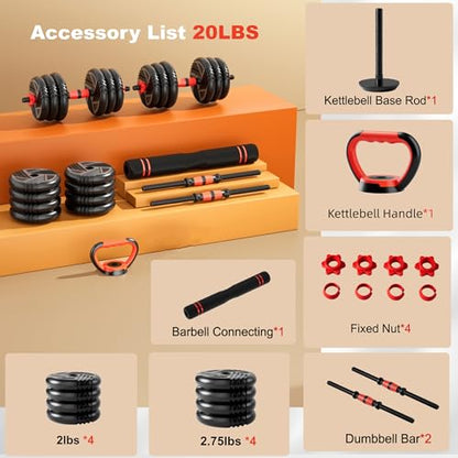 Adjustable Dumbbell Set, 10/20/30/45/70/90lbs, 5 in 1 Multi-Function Dumbbells Set Converts to Barbell & Kettlebell, Weight Set for Home Gym Workout, Suitable for Men/Women Strength Training