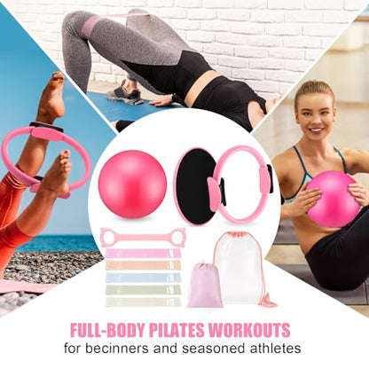 11 Pcs Pilates Ring Set for Women, Yoga Home Gym Equipment with 12" Ring, 9.8" Exercise Ball, 5 Resistance Bands, 8 Figure Strap, Core Sliders & Storage Bag, for Beginner Workouts & Gifts