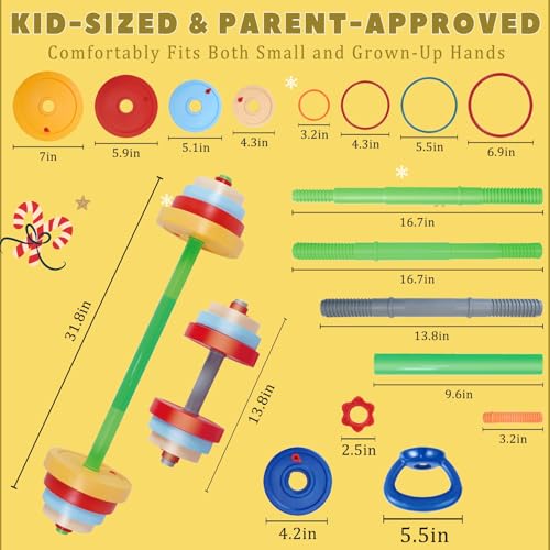 OCES 5-in-1 Kids Weight Set — Adjustable Fillable Toddler Weights Gym Set (Barbell, Dumbbells, Kettlebell, Ring Toss, Push-up) Kids Workout Equipment Beginner Home Gym Play Exercise Fitness Toy