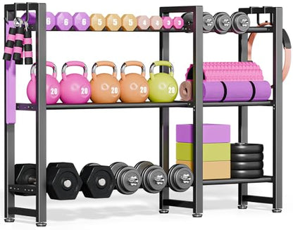 800LBS Capacity Multifunctional Home Gym Storage Rack with Side Hooks, Heavy Duty Adjustable Weight Storage Rack for Dumbbells Kettlebells Yoga Mat, Space Saving Workout Equipment Storage Organizer