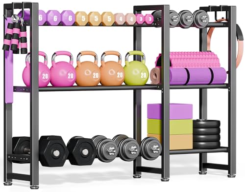 800LBS Capacity Multifunctional Home Gym Storage Rack with Side Hooks, Heavy Duty Adjustable Weight Storage Rack for Dumbbells Kettlebells Yoga Mat, Space Saving Workout Equipment Storage Organizer