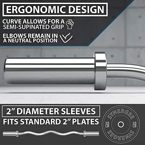 Synergee Commercial EZ Curl Olympic Bar Chrome & Black Phosphate with Powder Coated Brass Bushings Excellent for Bicep Curls and Triceps Extensions