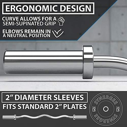 Synergee Commercial EZ Curl Olympic Bar Chrome & Black Phosphate with Powder Coated Brass Bushings Excellent for Bicep Curls and Triceps Extensions