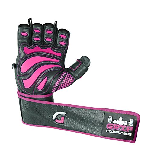 Grip Power Pads Leather Gym Gloves for Women – Built-in 2" Wrist Wraps, Pink Weightlifting, Powerlifting, Bodybuilding Workout