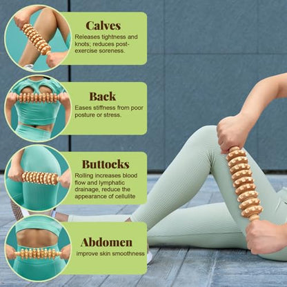 Wooden Fascia Massage Roller – Handheld Myofascial Release Massage Stick with Trigger-Point Knobs for Deep Tissue, Cellulite, Muscle Recovery & Circulation, Lymphatic Drainage Massager