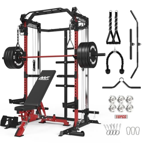 Mikolo HR06 Power Cage with Aluminum Pulleys, 2000LB Power Rack with Independent Dual Pulley System, Multi-Function Home Gym Workout Machine for Cable Crossover - color: Red, size: 230LB Balck BP Package