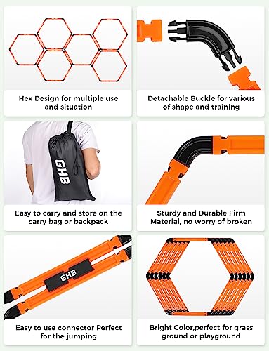 GHB Agility Ladder 1 Pack and Hex Agility Rings 1 Pack 12 Rung 20ft with 3 Carrying Bag