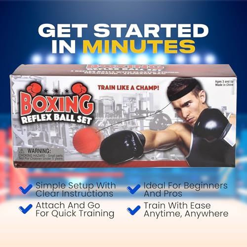 Boxing Reflex Ball Set of 3- Complete Boxing Trainer Ball Set with Elastic Headband, Strings, Storage Bag and Instructions- Easy to Carry Boxing Ball Headband to Improve Hand Eye Coordination & Speed