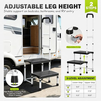 RV Step Stool with Handle for Elderly,2 Step Ladder with Handrail, Reinforced PP Wide Platform, Adjustable Height, Portable Stairs for Hot Tub/Camper/Mobile Home/Porch/SPA Pool/Pet Stairs - size: 2 Steps-Adjustable Height