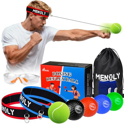 MENOLY 5pcs Boxing Reflex Balls Set, 2 Adjustable Headbands, 1 Pair Goggles and Gloves, Speed Training Equipment for Hand Eye Coordination, Agility, Great Gift for Men, Boxers & Fitness Fans