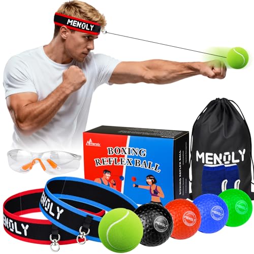 MENOLY 5pcs Boxing Reflex Balls Set, 2 Adjustable Headbands, 1 Pair Goggles and Gloves, Speed Training Equipment for Hand Eye Coordination, Agility, Great Gift for Men, Boxers & Fitness Fans