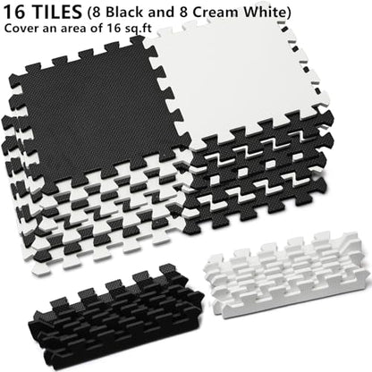 16 Tiles Interlocking Foam Mat Floor Tiles, 12" x 12" EVA Foam Puzzle Mat with Borders, 0.4" Thick Soft Protective Exercise Padding Mats for Fitness, Play, Gym, Black and Cream White