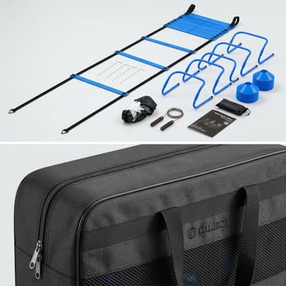 Agility Ladder Training Set - Blue Speed & Footwork Training Equipment with Resistance Parachute, Hurdles, Cones, Jump Rope and Carrying Bag for Sports, Fitness and Soccer Training